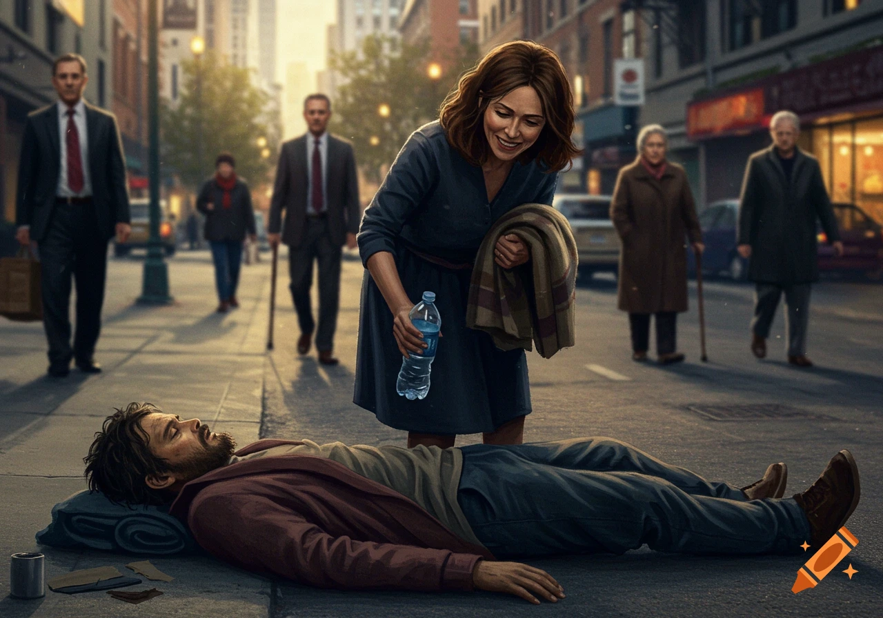 Woman kneels on city street offering water and blanket to man lying on the ground, while others walk by.