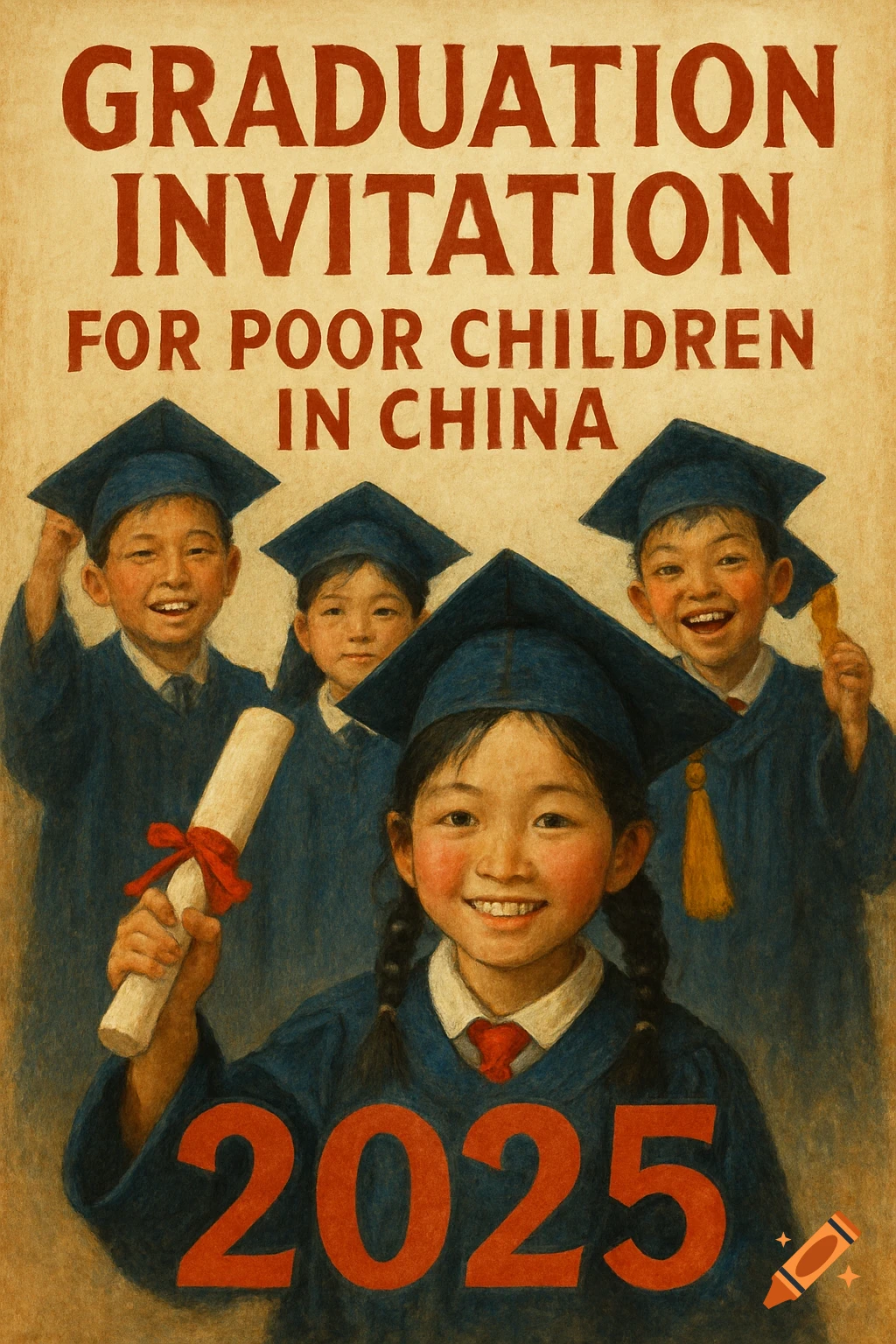Vintage style illustration of children in graduation caps and gowns with text 'GRADUATION INVITATION FOR POOR CHILDREN IN CHINA 2025'