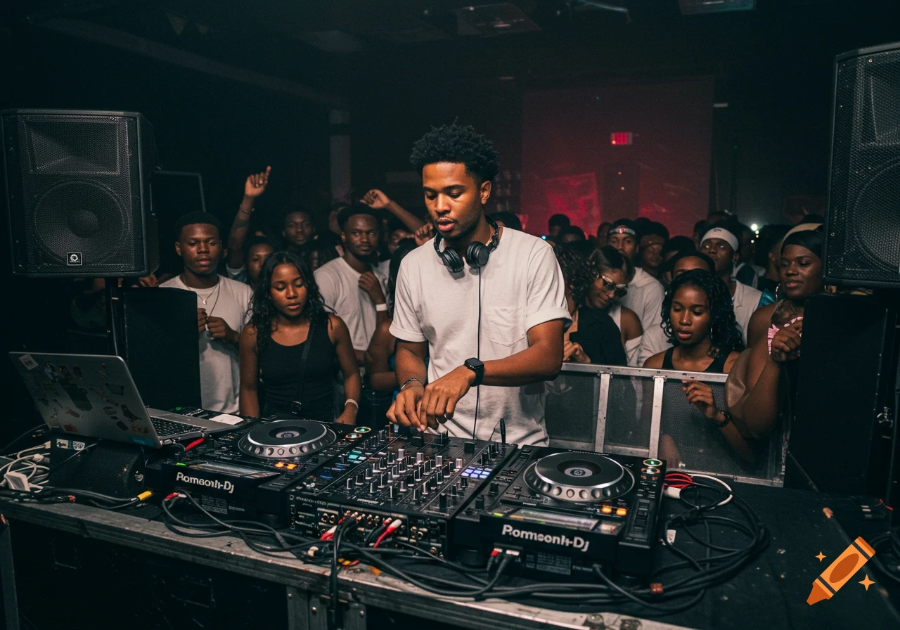 A DJ plays music on turntables in front of a crowd.