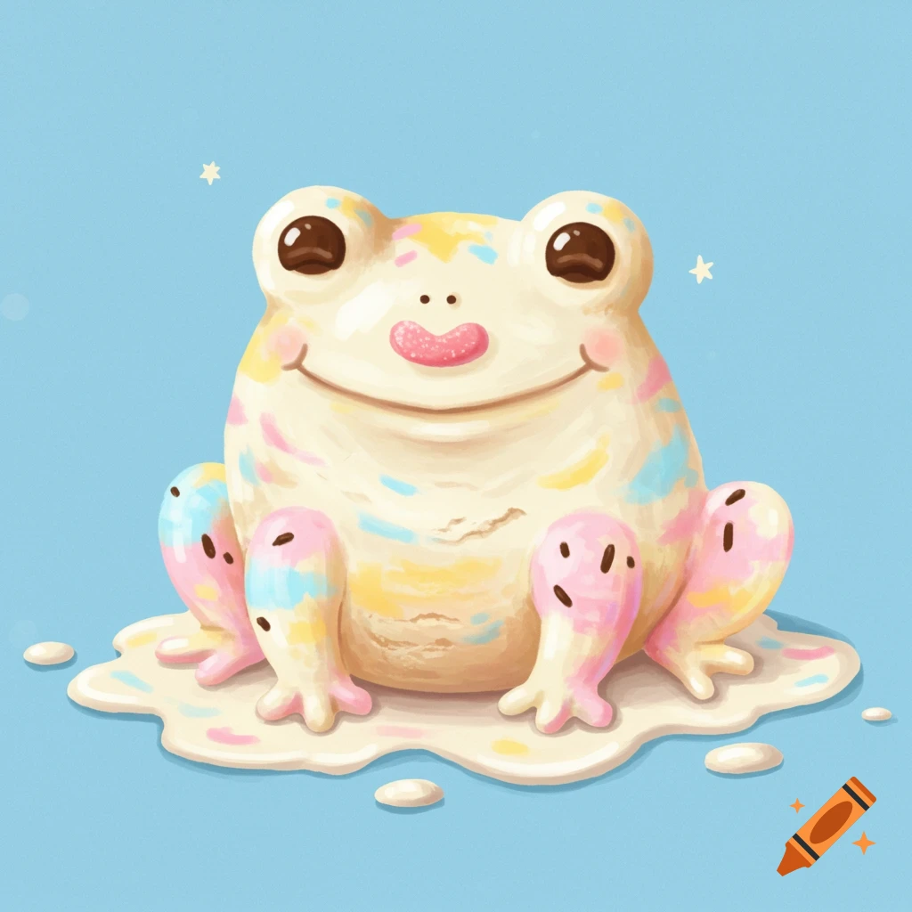 Cute melting frog made of ice cream with sprinkles on a blue background.
