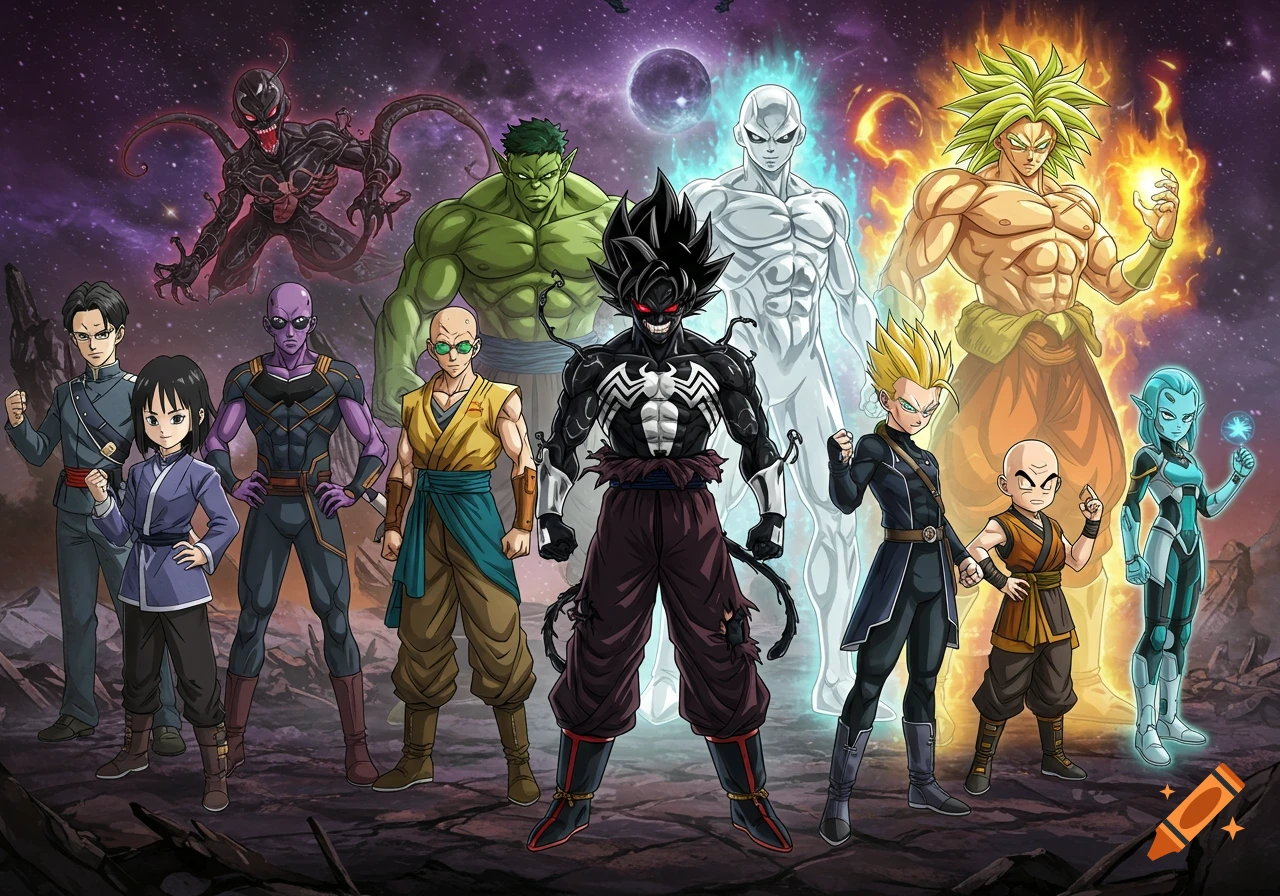 Anime group portrait of Dragon Ball Z characters with Marvel superhero powers on a cosmic battlefield.
