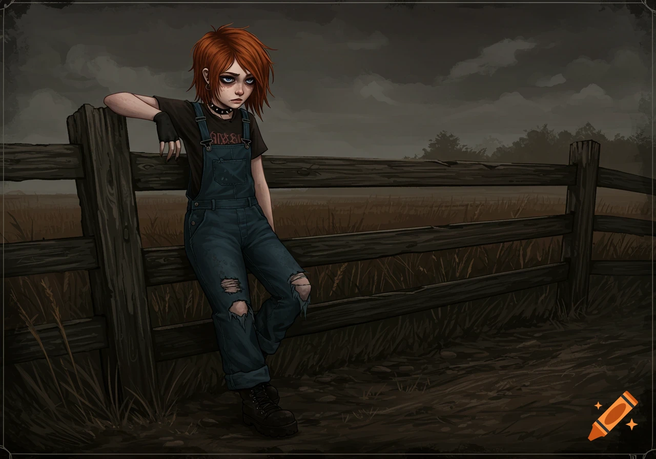 An emo farm girl with red hair and ripped overalls leans on a fence in a field, illustration.
