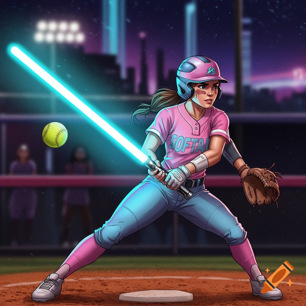 Stylized illustration of a softball player batting with a lightsaber on a field at night.