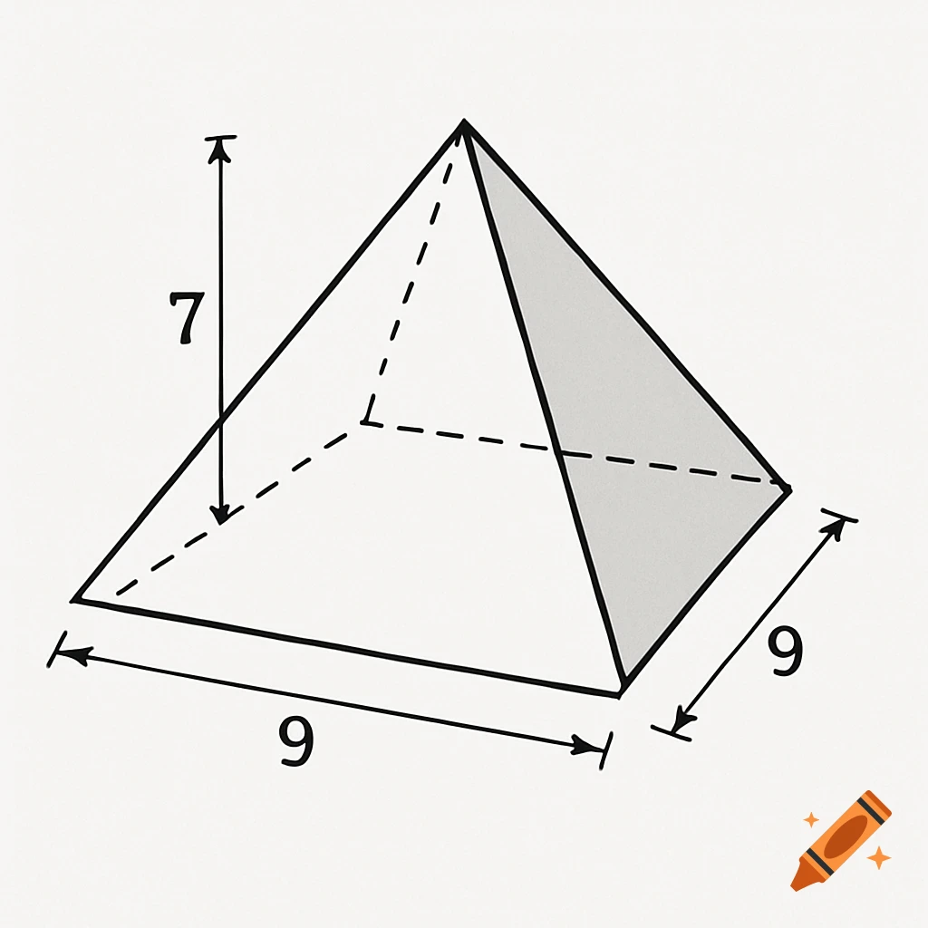 Diagram of a square pyramid showing height 7 and base edges 9