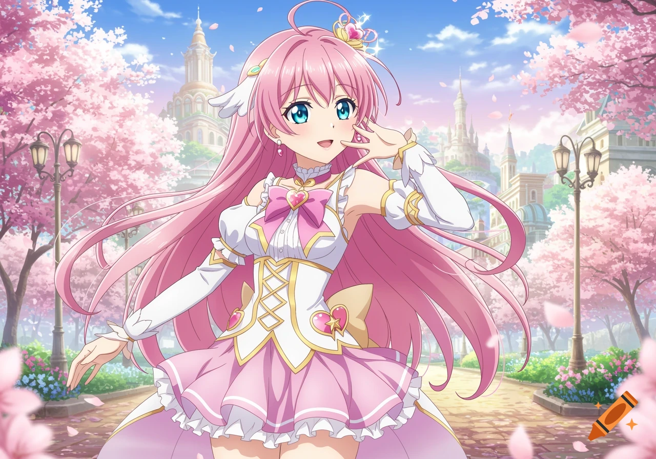Anime girl with pink hair in a pink and white dress standing under cherry blossoms in a fantasy park.