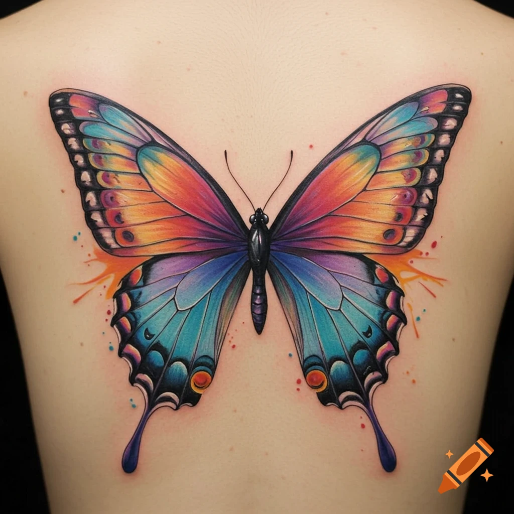 Colorful butterfly tattoo on a person's back.