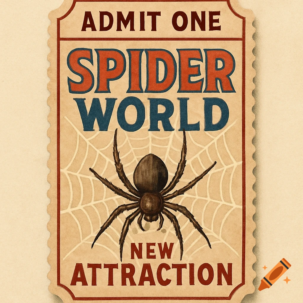 Vintage ticket with spider illustration and text 'Spider World'.