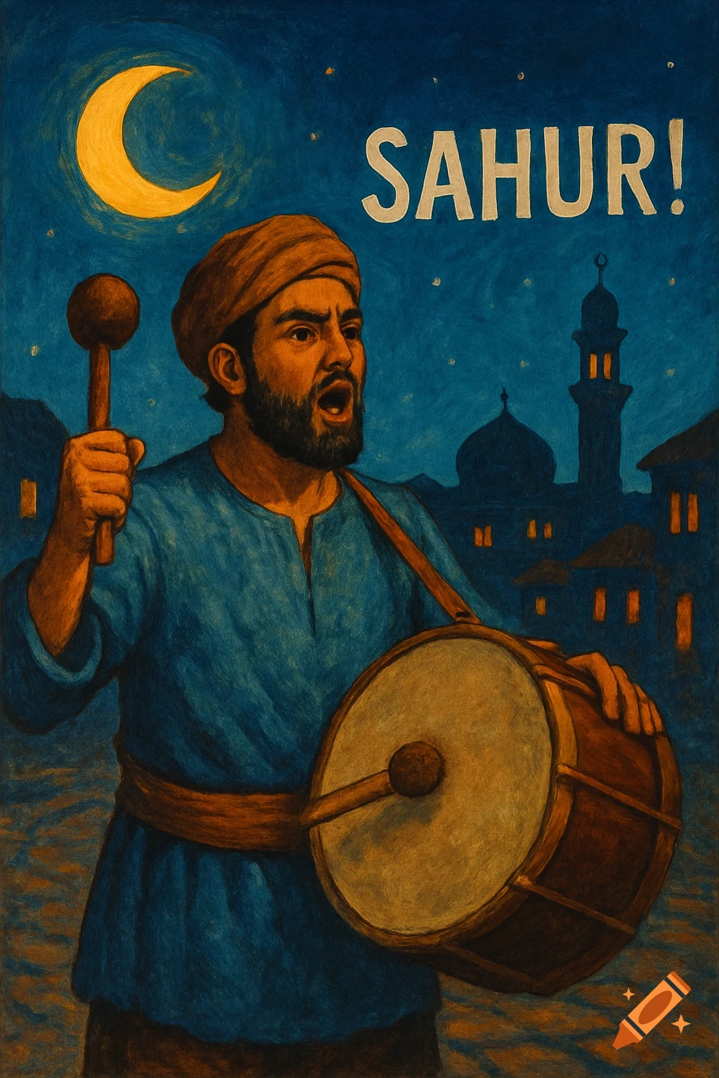 Illustrative painting of a man beating a drum under a crescent moon, with 'SAHUR!' text.