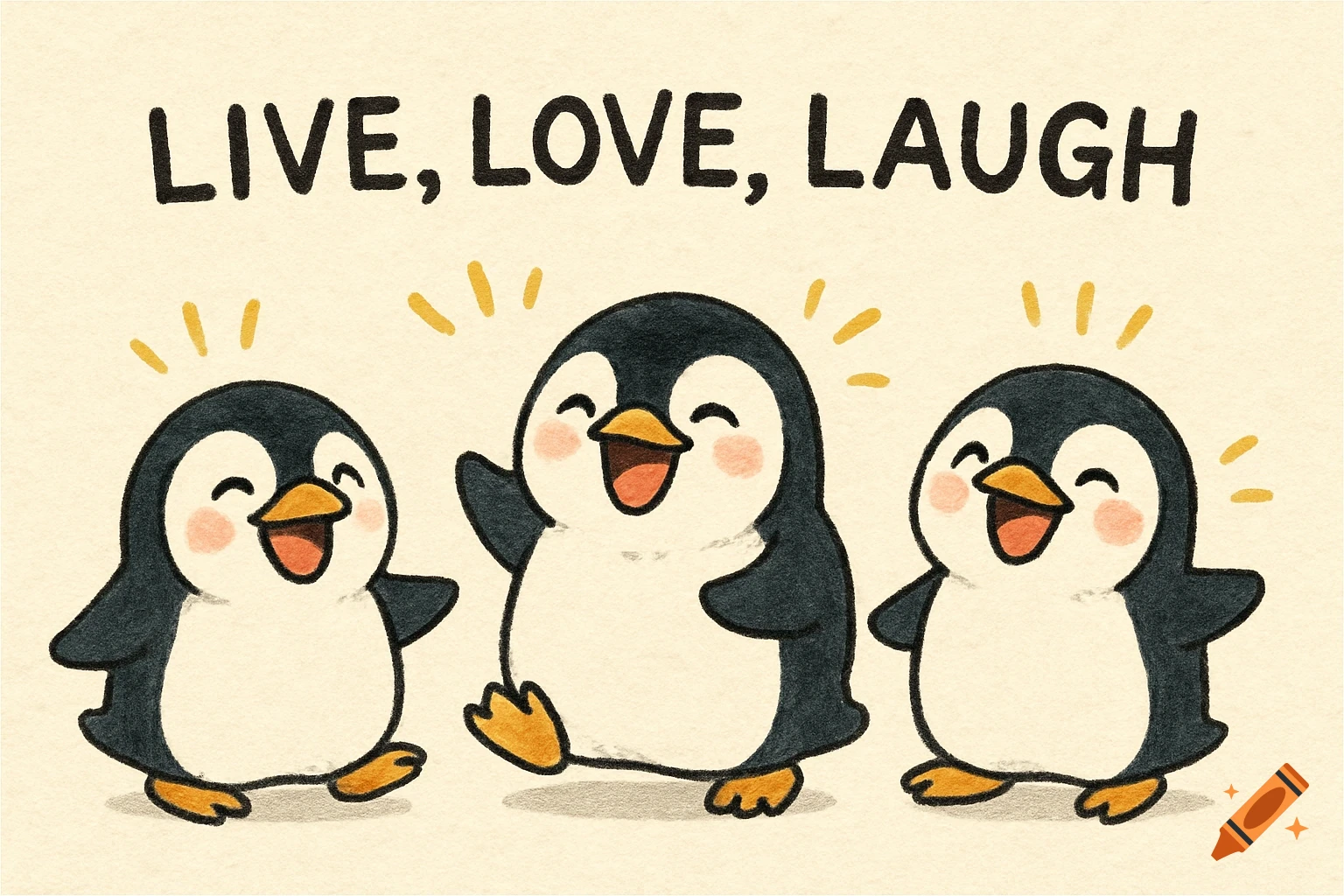 Three cheerful cartoon penguins stand below text 'LIVE, LOVE, LAUGH'.