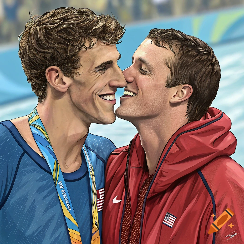 Illustration of two male athletes with medals in a close embrace, smiling.