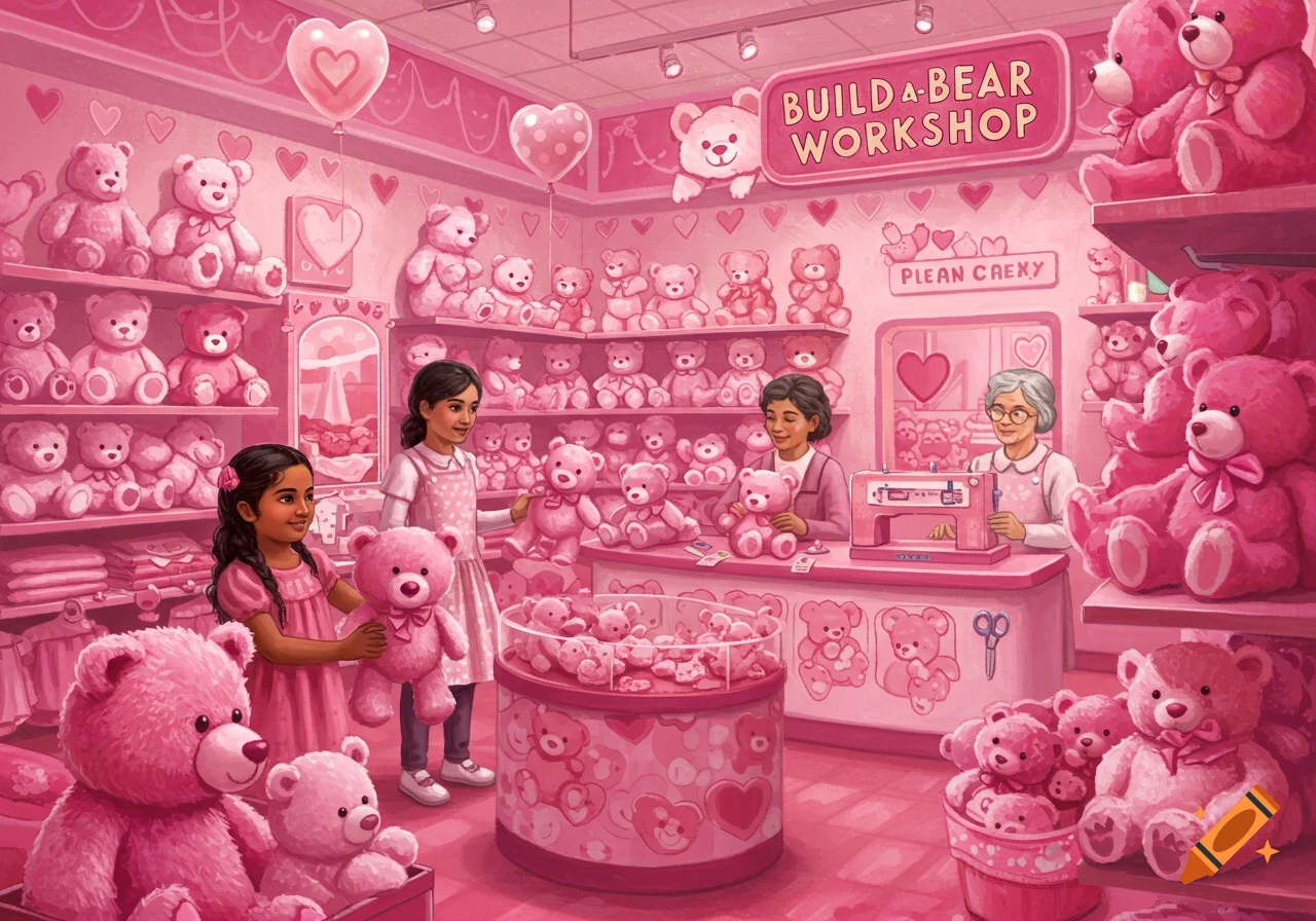 An illustration of a pink Build-A-Bear Workshop store filled with pink teddy bears and customers.