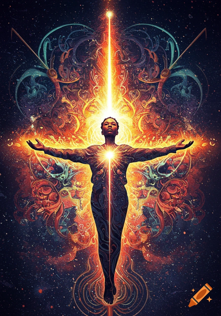 Person radiating light in a cosmic setting with ornate patterns.