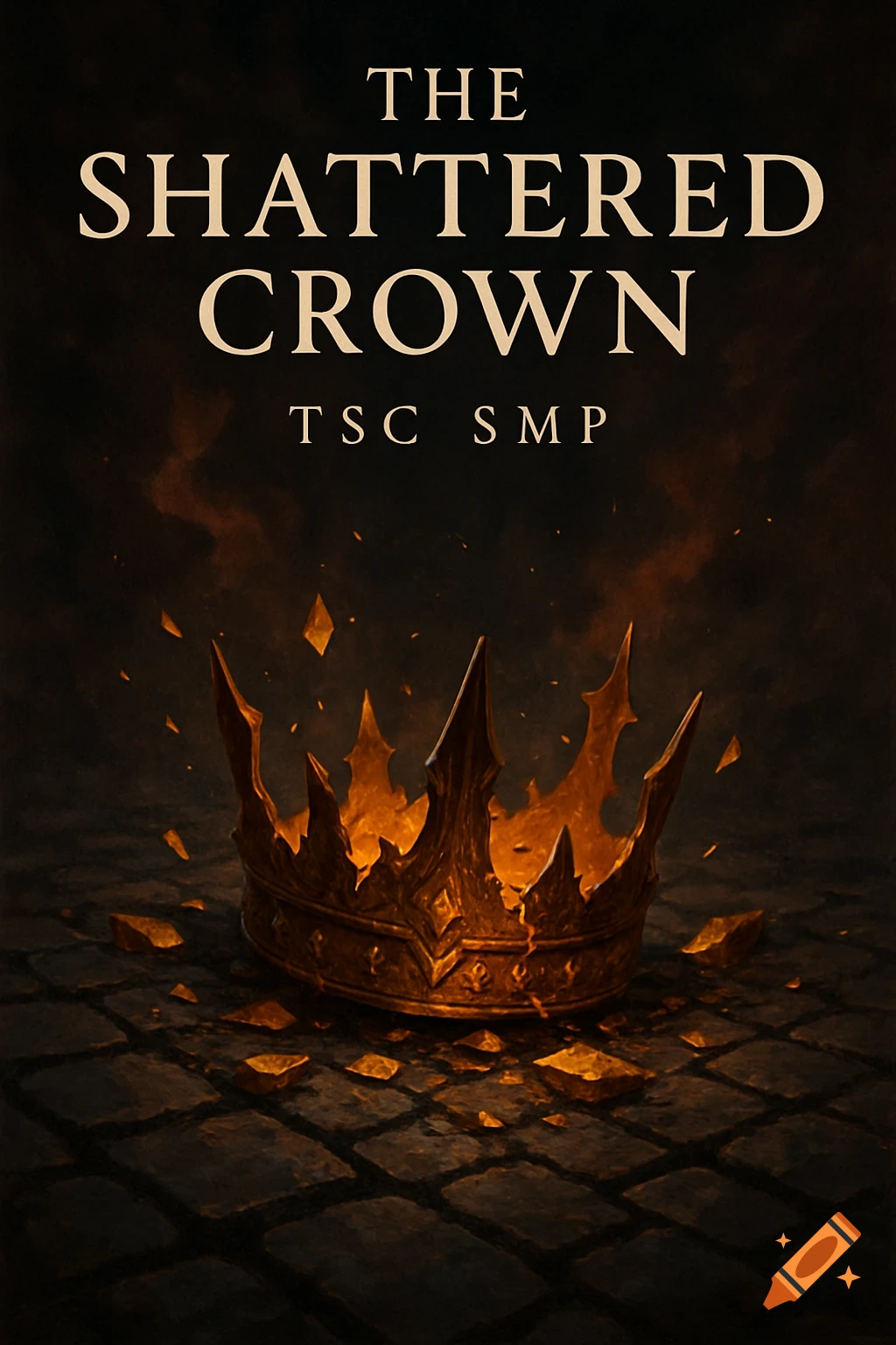 A shattered golden crown with flames sits on a dark stone floor, gold pieces scattered. Text reads 'The Shattered Crown' and 'TSC SMP'.