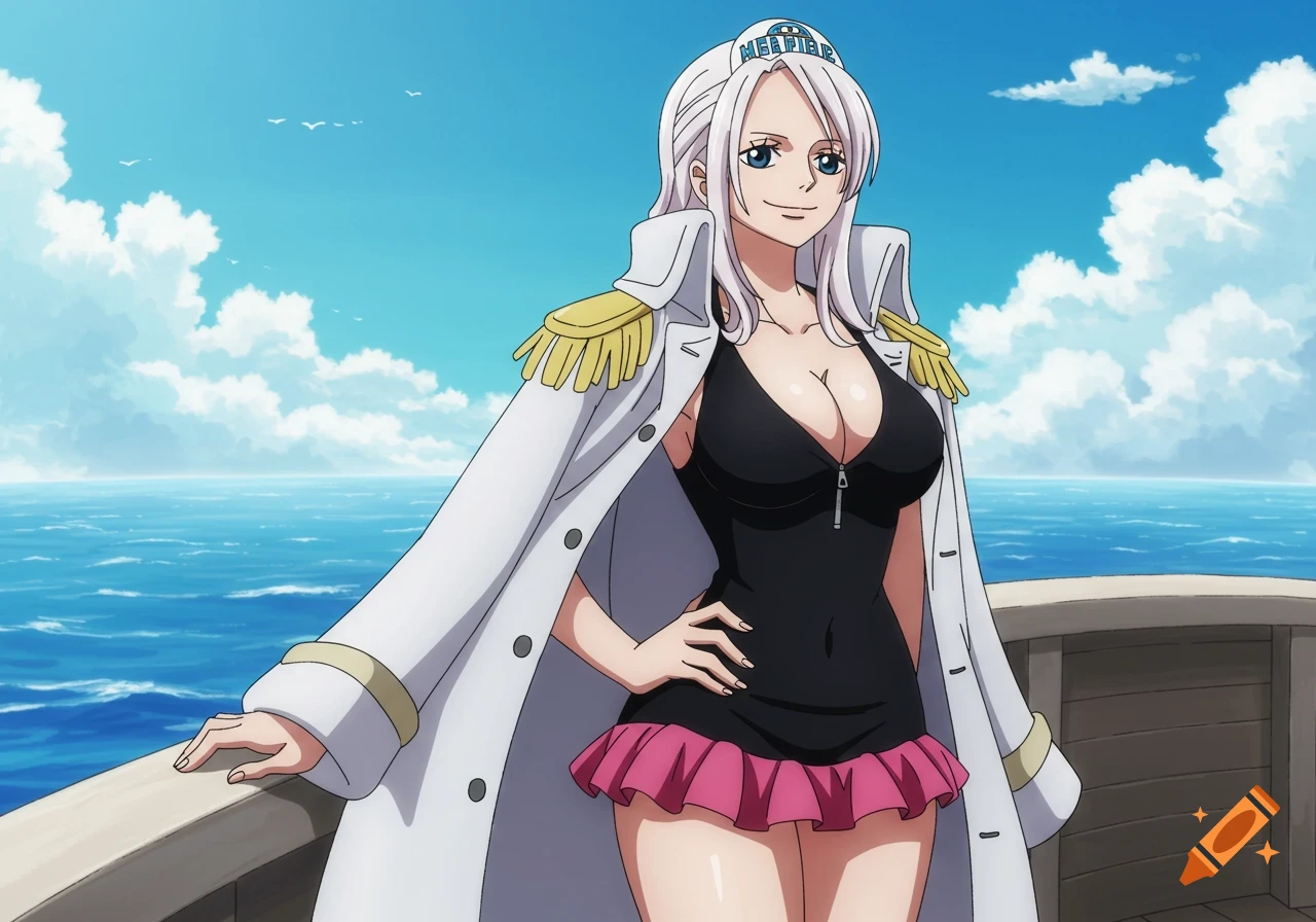 Anime character with white hair and marine coat on a ship at sea