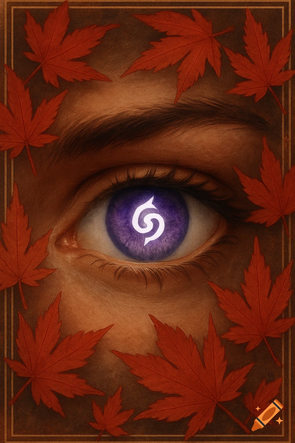 Close-up of a human eye with purple iris and white symbol, framed by red maple leaves.