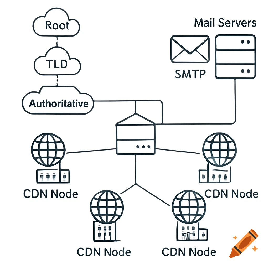 Black and white network topology diagram showing DNS hierarchy, CDN nodes, and mail servers.