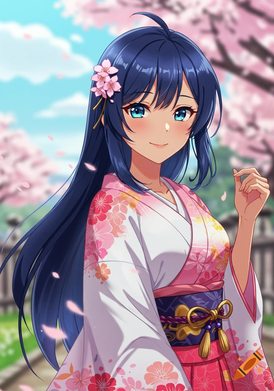 Anime girl in kimono among cherry blossoms.