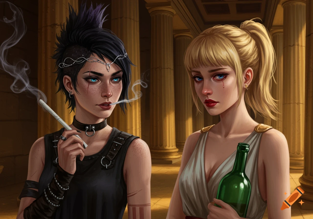 Two women in an ancient palace hallway. One punk woman smokes, the other in a dress holds a green bottle.