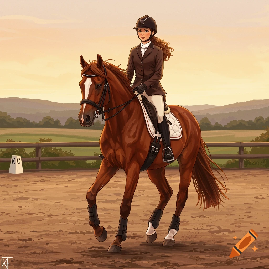 Illustration of a teen equestrian riding a horse in a training arena at sunset.