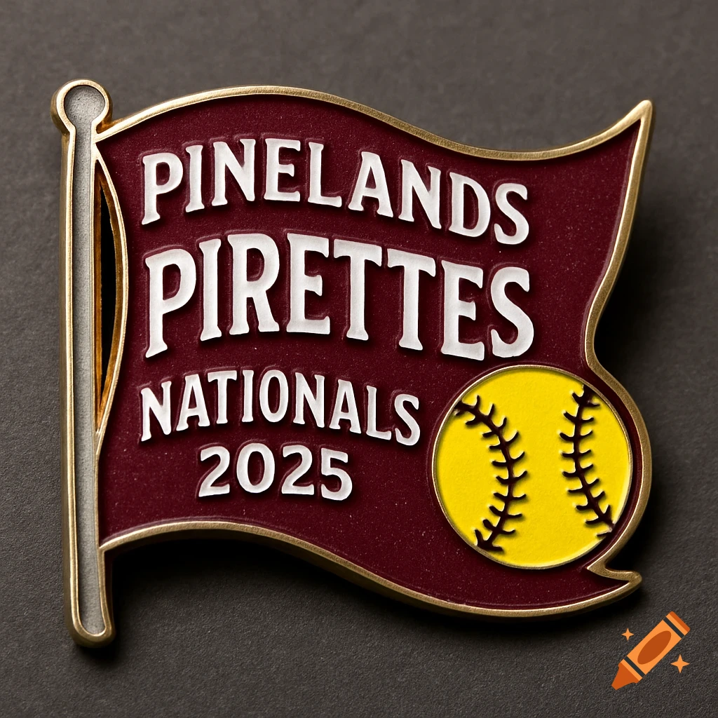 An enamel pin shaped like a maroon flag with text 'PINELANDS PIRETTE NATIONALS 2025' and a yellow softball.