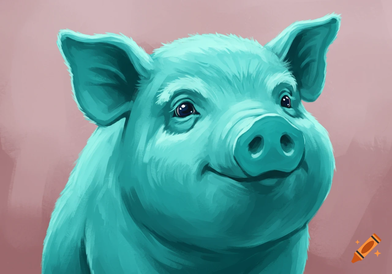 A close-up digital painting of a smiling teal pig against a pink background.