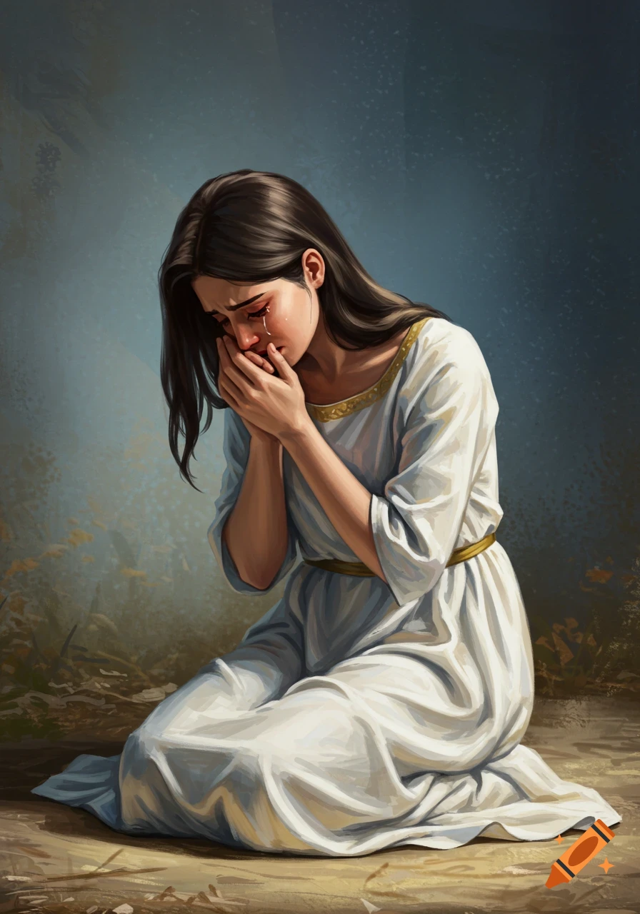 A woman in a white dress kneels, crying into her hands.