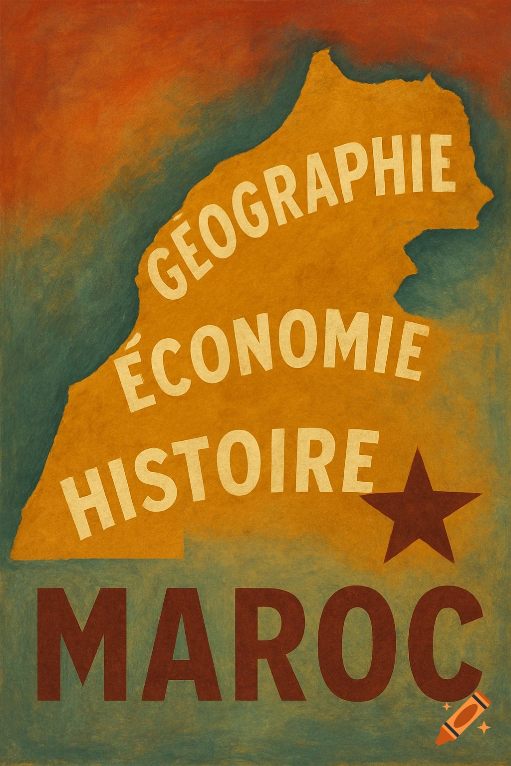 Stylized poster showing the outline of Morocco with text 'GEOGRAPHIE ECONOMIE HISTOIRE' and 'MAROC'.