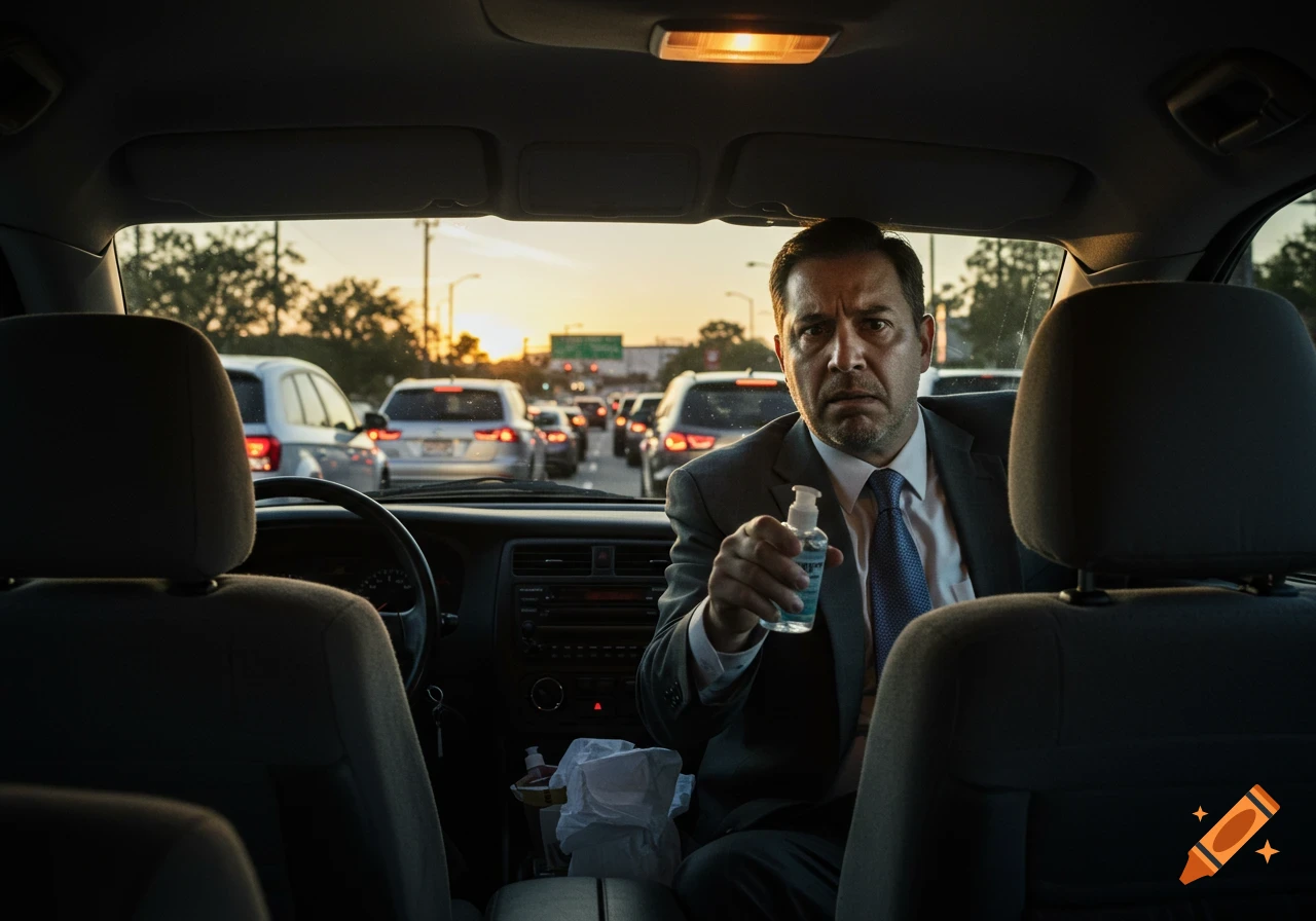 Man in suit in car stuck in traffic holding hand sanitizer, photorealistic.