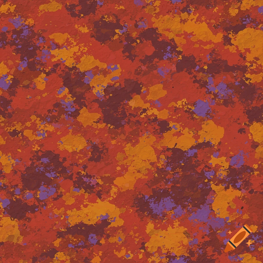Abstract camouflage pattern in red, orange, brown, and purple tones.