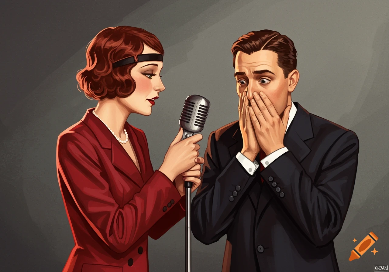 Vintage illustration of woman with microphone interviewing shocked man covering face