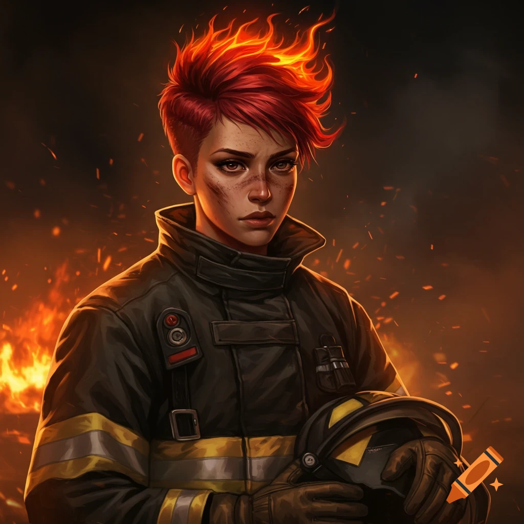 Female firefighter with red, fire-like hair standing in front of flames, holding a helmet.