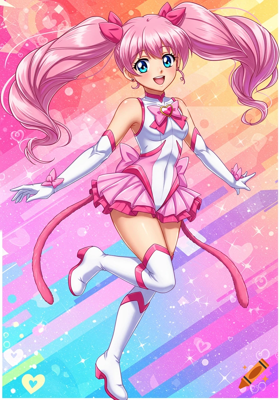 Anime girl with pink hair in a pink and white magical girl cat costume poses against a colorful background