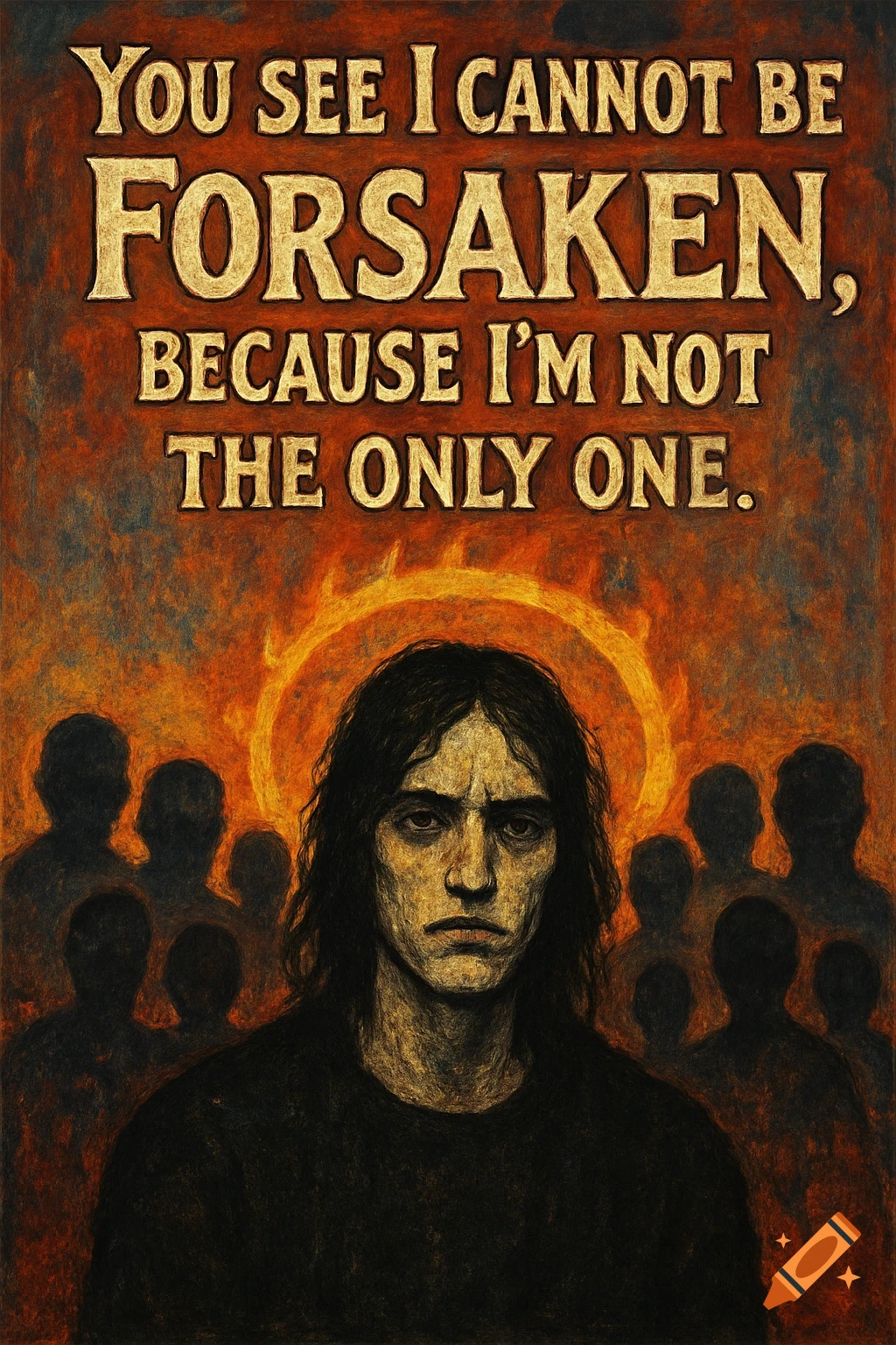 Dramatic textured portrait of a person with text about not being forsaken.