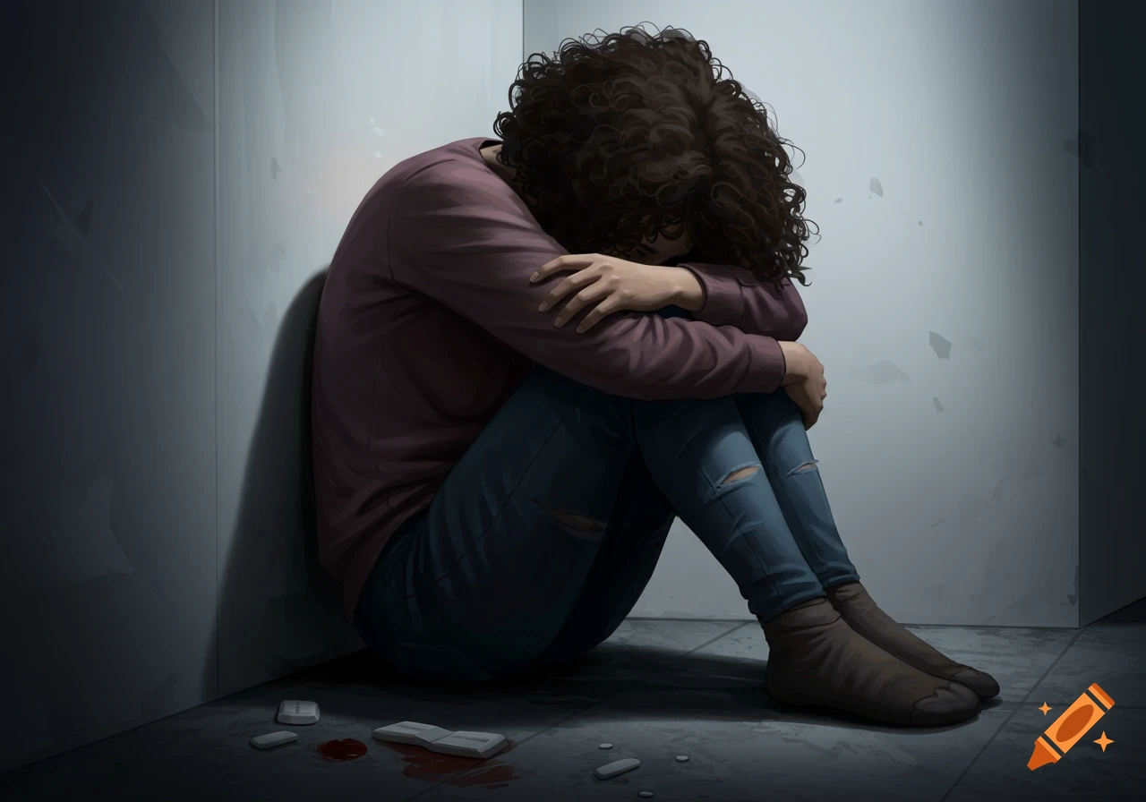 Illustration of a person huddled on the floor, looking distressed, with pills and blood nearby.
