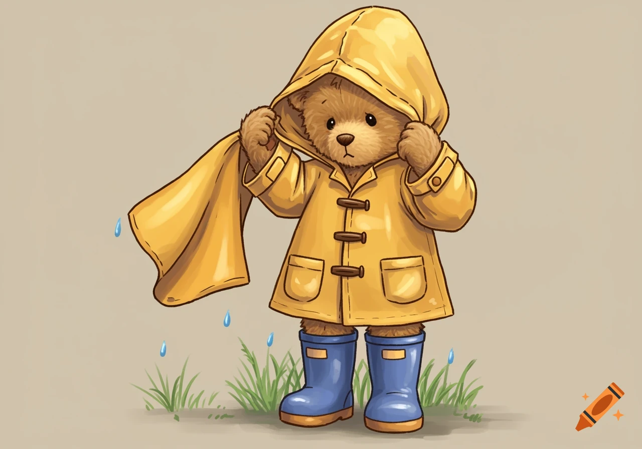 A cartoon teddy bear wearing a yellow raincoat and blue rubber boots stands in the rain.
