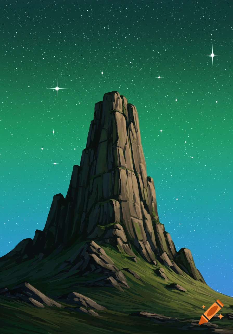 A tall rocky mountain peak against a green and blue starry night sky.
