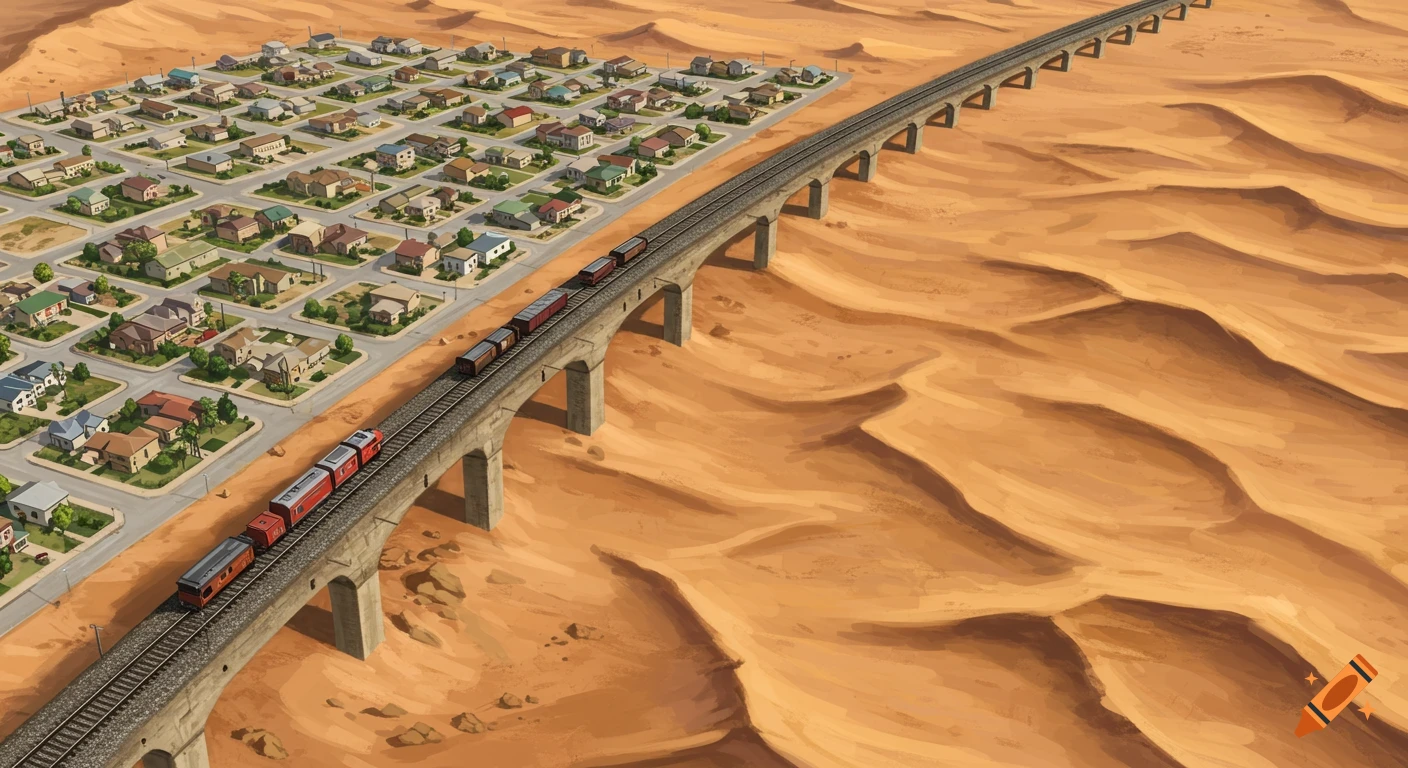 Aerial view of a train on a bridge separating a residential area from a desert.