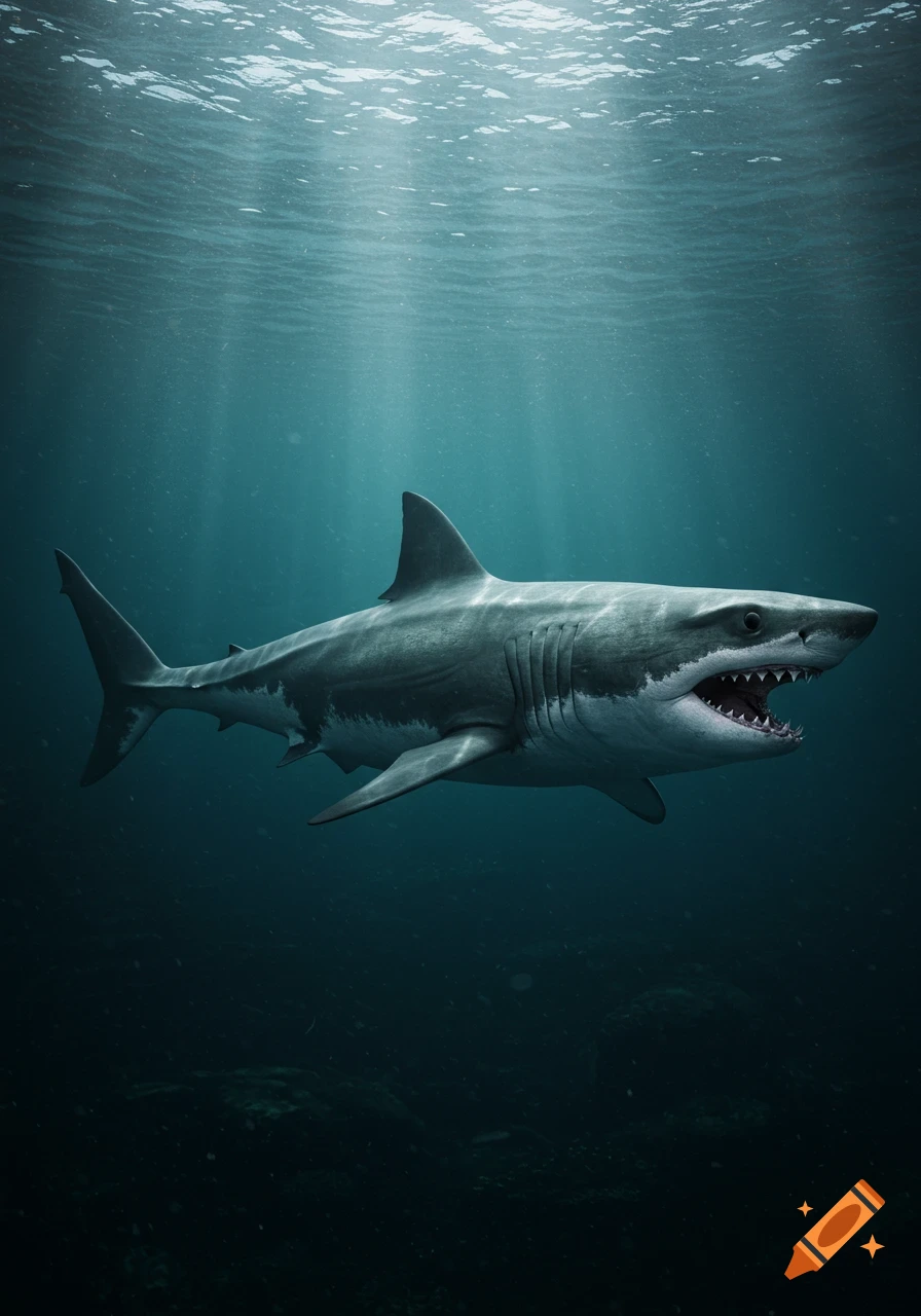 A large great white shark swims underwater with light beams from above.