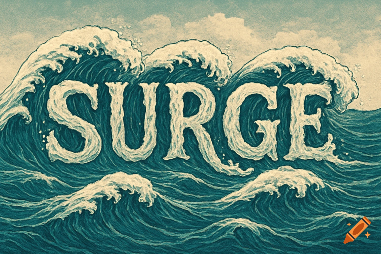 The word SURGE formed by large ocean waves in an illustrative style.