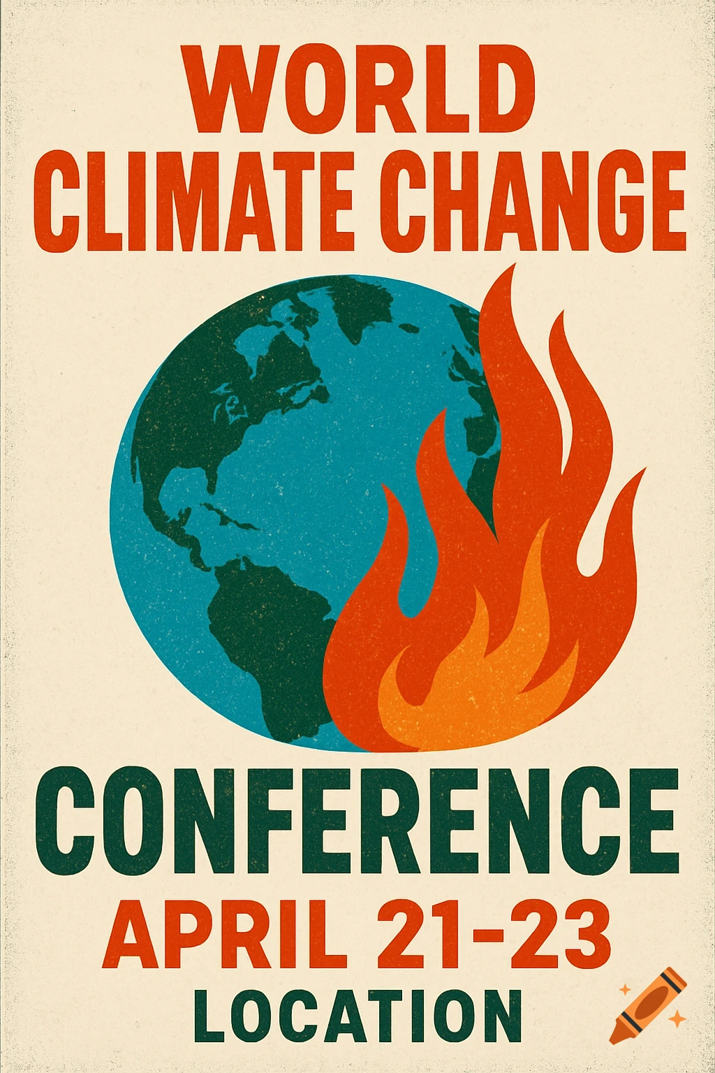 Poster showing the Earth with flames, text says 'World Climate Change Conference April 21-23 Location'.