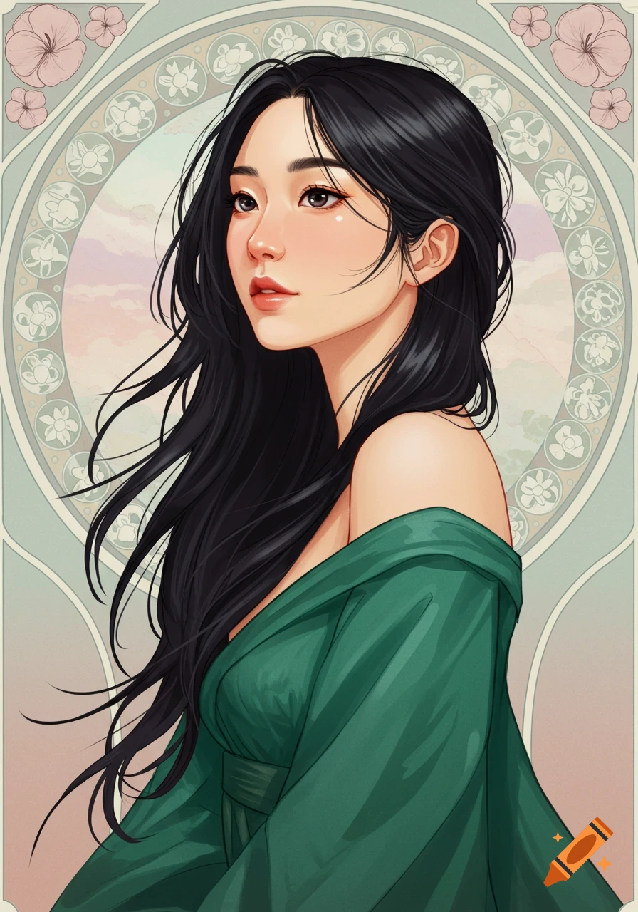 Illustration of a woman with dark hair in a green dress against an art nouveau background.