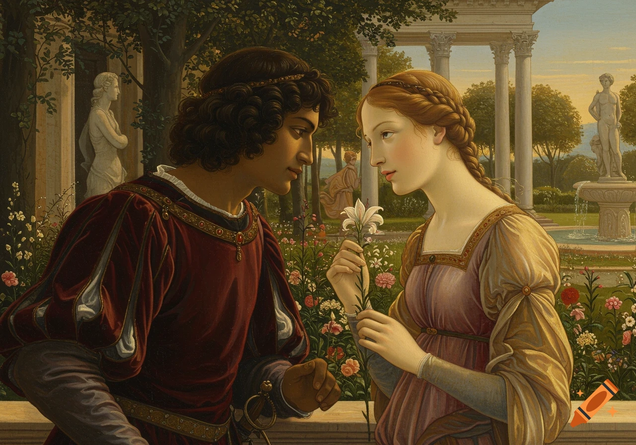 Renaissance painting of a man and woman in a garden with classical architecture.