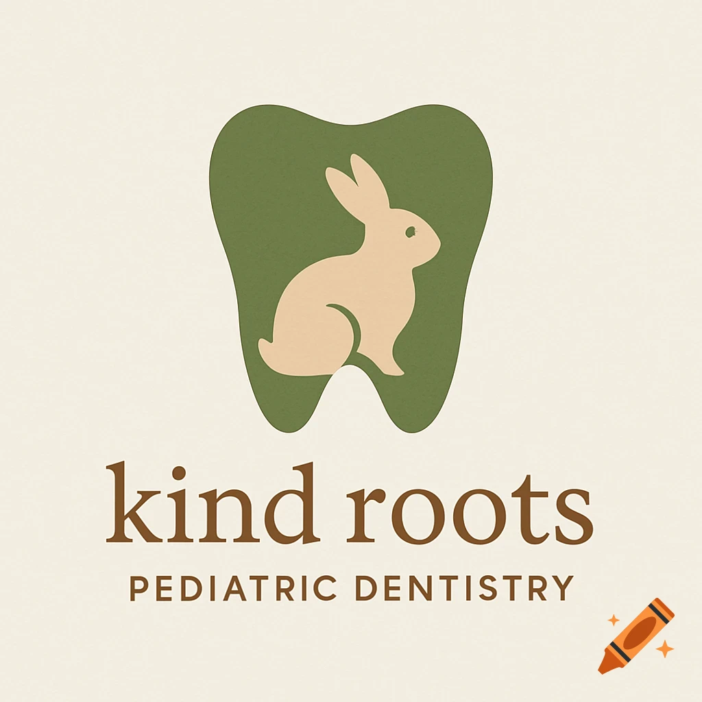 Logo featuring a tooth shape with a bunny silhouette inside, and the text 'kind roots pediatric dentistry'.