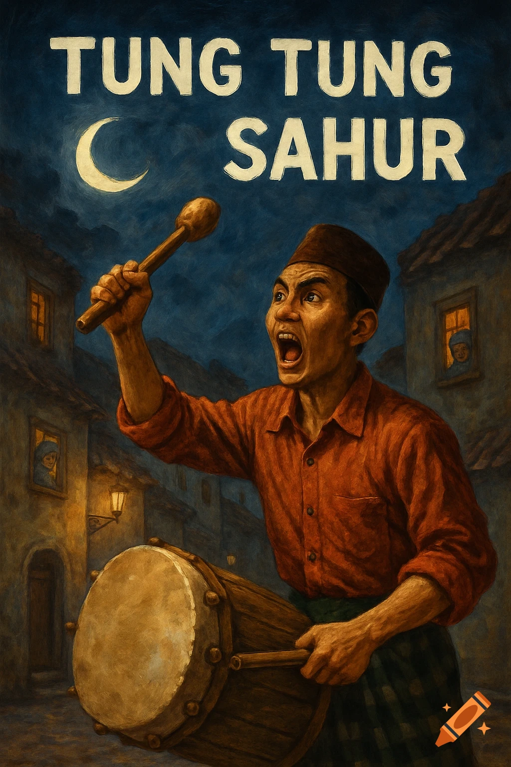 Illustration of a man beating a drum at night under a crescent moon with the text TUNG TUNG SAHUR