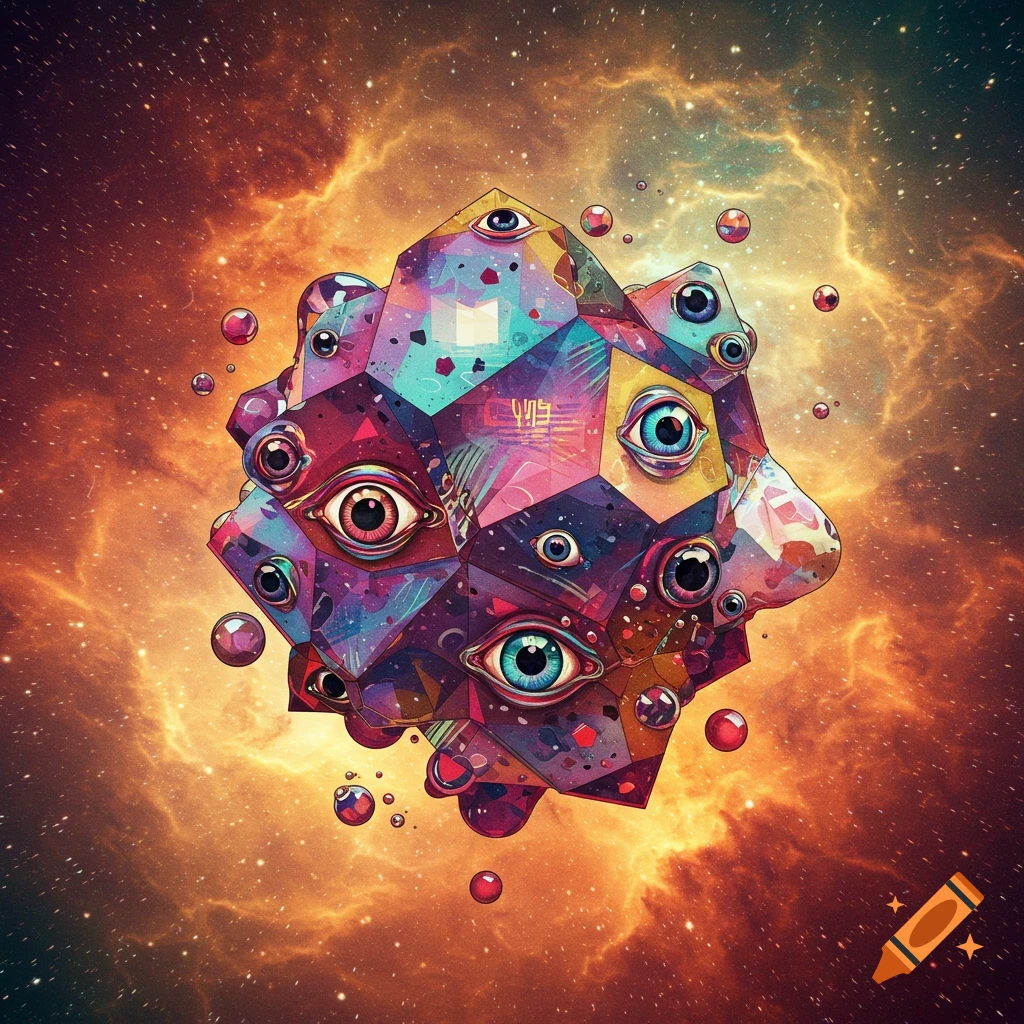 A colorful, faceted geometric object covered in eyes floats in a swirling orange and purple cosmic background.