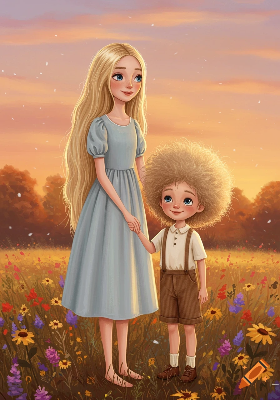 A girl and boy hold hands in a field of flowers at sunset, illustration style.