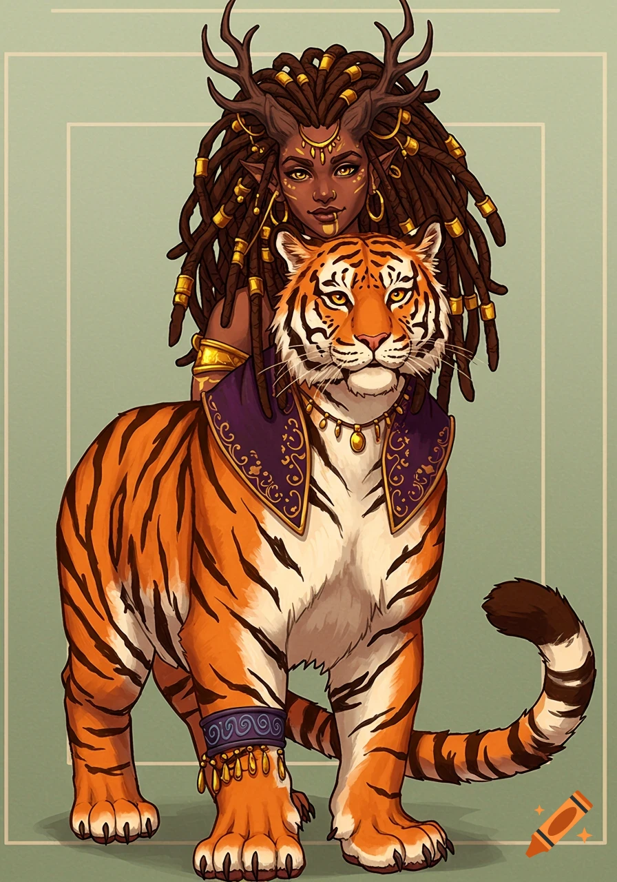 Fantasy character with horns and dreadlocks riding a tiger, wearing gold jewelry and a purple vest. Digital art.