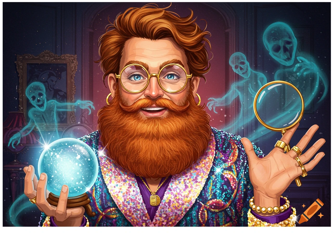 Illustrative portrait of a man with a red beard and glasses, holding a crystal ball and magnifying glass, with ghosts.
