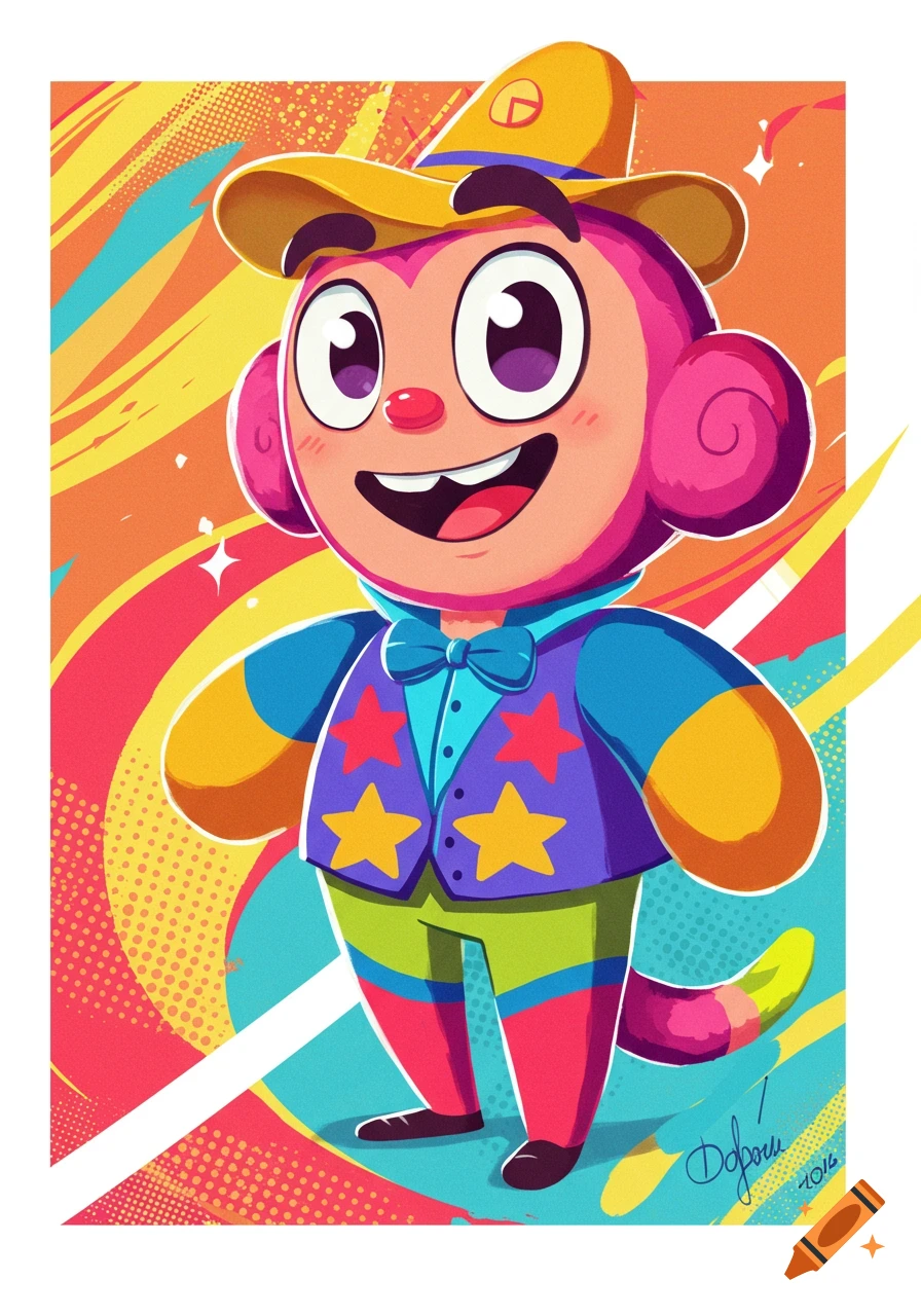 Cartoon monkey in a colorful vest and hat