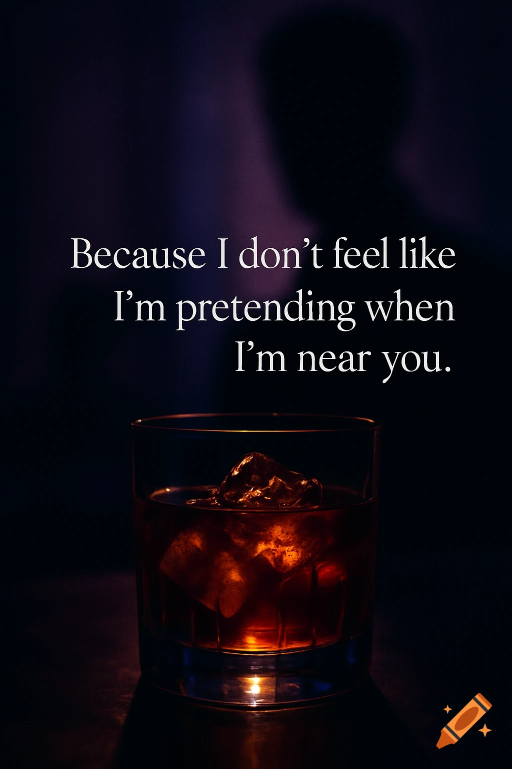 A glass of amber liquid with ice sits on a dark table with text overlaid.